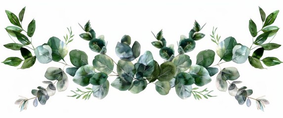 Watercolor eucalyptus leaves garland, simple and clean, isolated on a white background in the style of clipart - obrazy, fototapety, plakaty