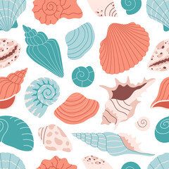Seamless pattern with sea shells, mollusks, sea ​​snails. Tropical beach shells. Summer seamless pattern. Vector illustration in flat style