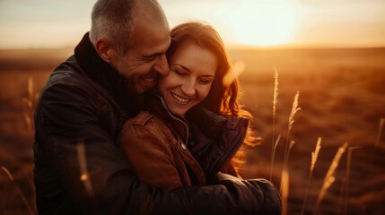 Heartwarming Sunset Embrace: Adult Couple Sharing a Loving Moment in the Countryside

 - obrazy, fototapety, plakaty