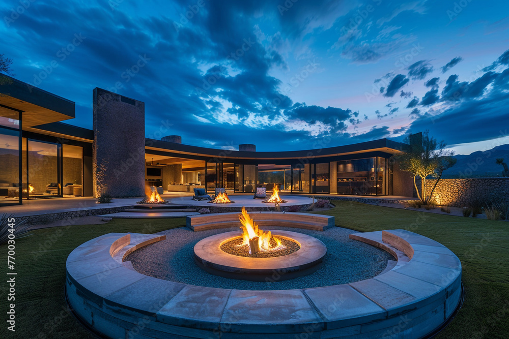 Poster an architectural wonder with a circular sunken seating area in the spacious front yard, illuminated 