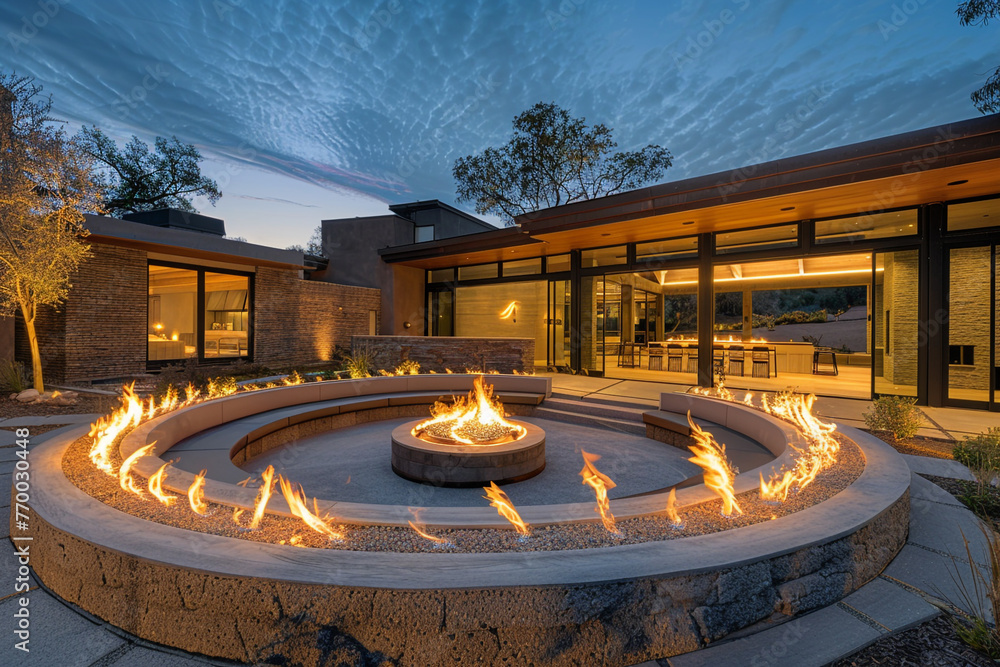 Poster an architectural wonder with a circular sunken seating area in the spacious front yard, illuminated 