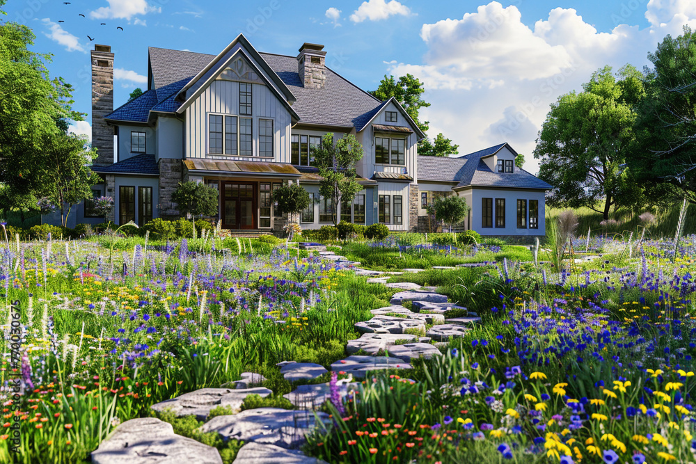 Poster an elegant custom-built house with a rustic stone path in the front yard leading through a wildflowe