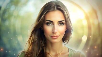 Generative ai. a woman with long hair and a necklace standing in front of a circular light, beautiful portrait image, beautiful model