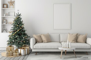 White sofa with beige pillows and a white floor cushion near a Christmas tree decorated in the style of gold