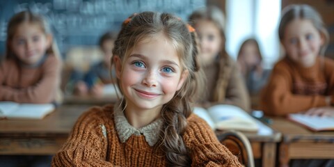 school children in classroom, european girl studying