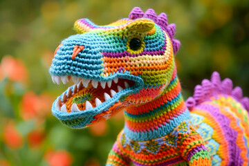 Colorful crocheted dinosaur toy with intricate patterns, displayed in a natural garden setting