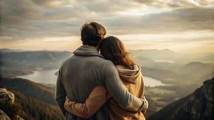 Generative ai. couple embracing on top of a mountain with a view, romantic couple, hugging, hug, high quality upload, romantic