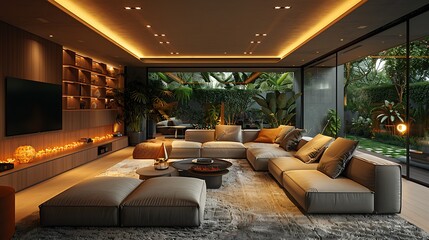 A contemporary entertainment lounge, furnished with a plush sectional sofa and a state-of-the-art media console. - obrazy, fototapety, plakaty