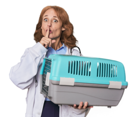 Mid-aged Caucasian vet with carrier keeping a secret or asking for silence.
