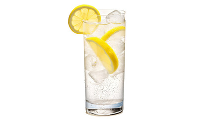 A glass filled with ice cubes and slices of fresh lemon, creating a refreshing and invigorating beverage