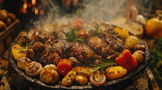 Close-up of New Zealand s traditional Maori hangi meal, showcasing meats and vegetables steamed underground