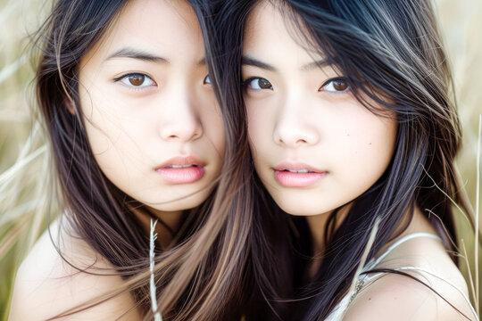 Two beautiful asian girls twins next to each other portrait