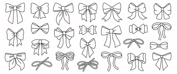 Big Set of simple decorative holiday ribbon bows for gifts, to decorate hair on white background. Bow outline for gift wrapping for birthday, Christmas, New Year. Isolated Flat Vector EPS10 - obrazy, fototapety, plakaty