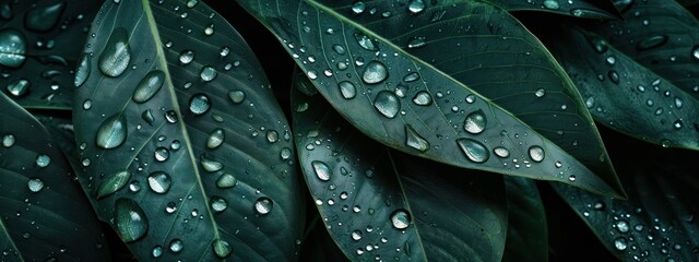 Close-up of water droplets on a dark green tropical leaf over a solid black background, highlighting summer night rains with space for copy