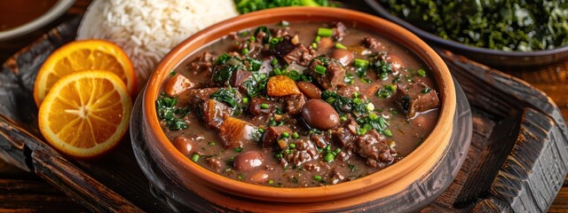 Medium shot of a Brazilian feijoada served in a clay pot, accompanied by rice, collard greens, and orange slices
