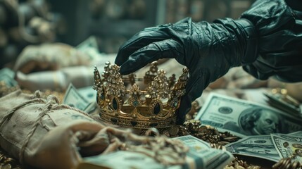 Medium shot of a thief s gloved hand gently lifting a crown, money bags scattered around
