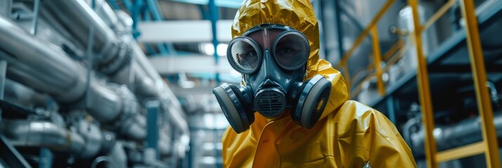 A worker in a yellow protective suit and gas mask checks for a chemical leak at a chemical factory