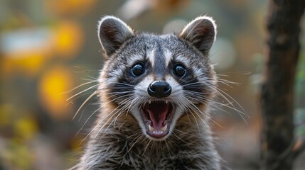 A raccoon with open mouth showing teeth, set against a blurred autumn background