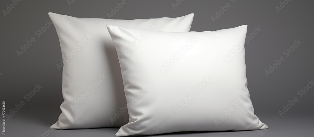 Poster two throw pillows with a pattern design are placed side by side on a comfortable grey surface, enhan