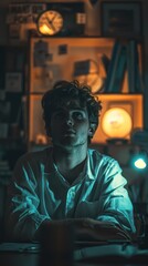 Obraz premium Medium shot of an office worker staring hopelessly at a flickering office light, symbolizing diminishing hope