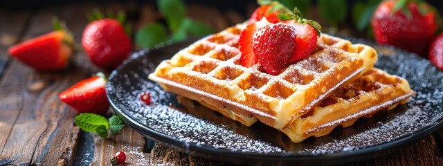 Medium shot of Belgian waffles, crisp and golden, served with strawberries and a dusting of powdered sugar