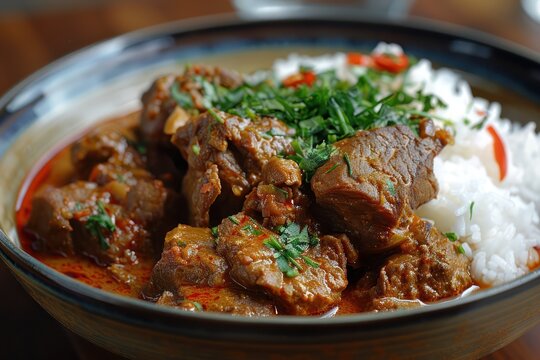 Medium shot of an Indonesian rendang curry, highlighting the slow-cooked meat s caramelization