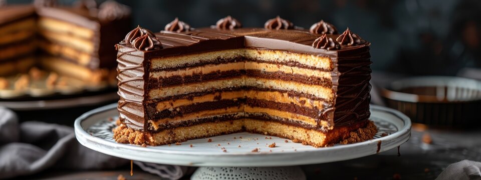 Medium shot of Hungarian dobos torte, a layered sponge cake filled with chocolate buttercream and topped with caramel