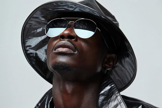 Generative AI brings to life this edgy portrayal of a black man in metallic fashion with reflective sunglasses. Generative AI