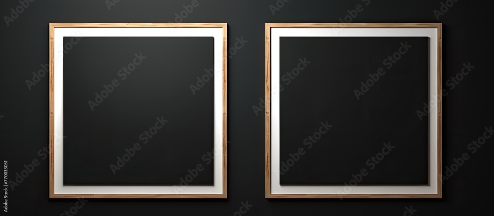 Poster two rectangular picture frames with a grey wood composite material hang symmetrically on a black wal