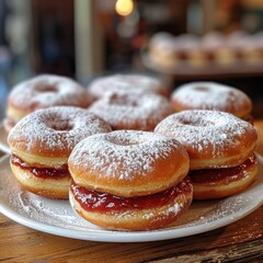 Obraz na płótnie Canvas Medium shot of Polish paczki, doughnuts filled with jam and dusted with powdered sugar, a Fat Thursday tradition