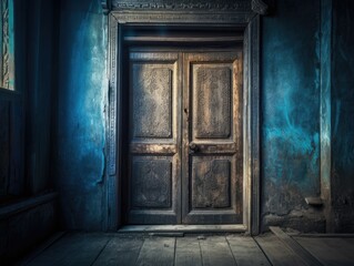 Mysterious wooden door in blue room