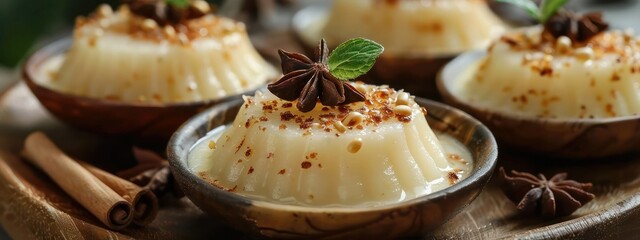 Medium shot of Sri Lankan wattalapam, a coconut custard pudding flavored with jaggery and spices - obrazy, fototapety, plakaty
