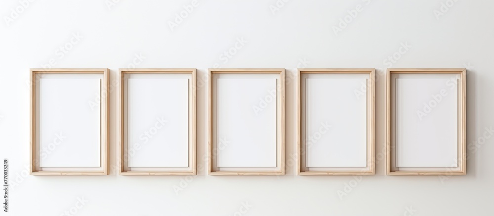 Poster a series of rectangular wooden frames are arranged parallel to each other on a white wall, creating 