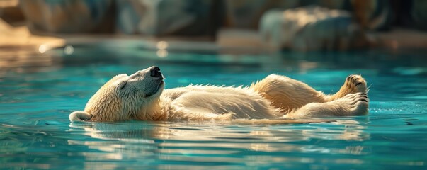 Obraz premium Polar bear enjoying a lazy summer day floating on a pool in a shaded area