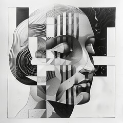 Cubist style collage of human face and different geometric shards. Abstract and artistic art. Black and white image in pencil drawing style. Illustration for poster, cover, brochure or presentation.