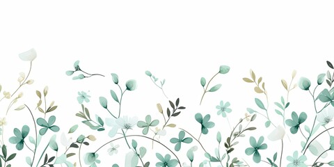 Mint Green thin barely noticeable flower frame with leaves isolated on white background pattern - obrazy, fototapety, plakaty