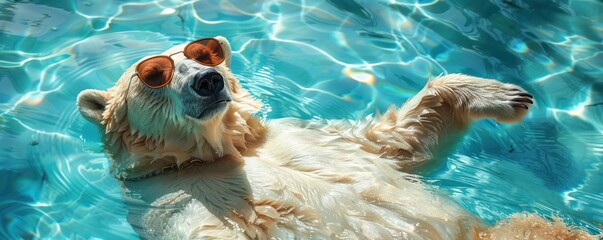 Polar bear enjoying a lazy summer day floating on a pool in a shaded area - obrazy, fototapety, plakaty