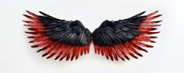 Red and black feathered angel wings isolated on a white background, detailed illustration