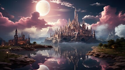 magic castle in pink sunset lights, fantasy background - obrazy, fototapety, plakaty