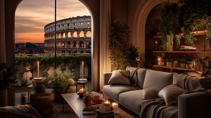 luxury  apartment in room with a colosseum view in Rome Italy - obrazy, fototapety, plakaty