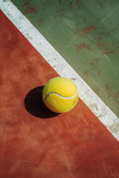 Tennis ball on clay court with white boundary line. Generative AI image