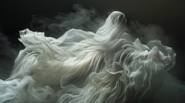 Ethereal figure in flowing white fabric on dark background. Conceptual art photography with a ghostly and surreal concept