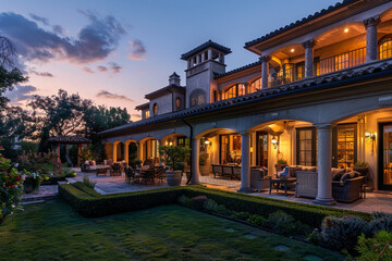 An expansive dusk shot of a grand luxury home, with warmly lit interiors, designer patio furniture on the porch, and a perfectly tended garden. - obrazy, fototapety, plakaty