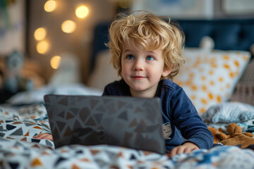Little Boy Using Laptop on Bed