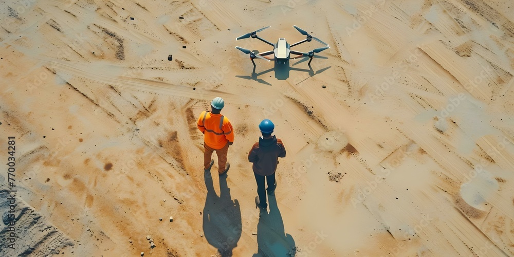 Poster two specialists use a drone to inspect a construction site ensuring quality and safety. concept cons