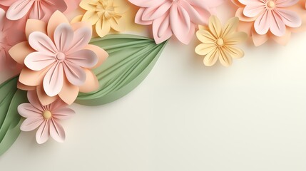 3d flowers on light background. Spring time and summer blossom. Happy spring concept or banner with place for text.