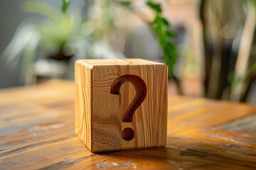 There is wooden cube with question mark on it on the table. The concept of unresolved problems when developing, creating or running a business
