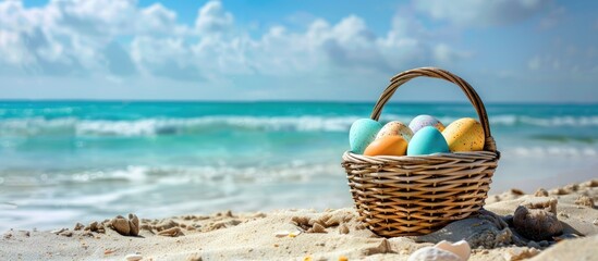 Easter greetings are displayed with a basket and eggs on the sandy shore near the ocean.