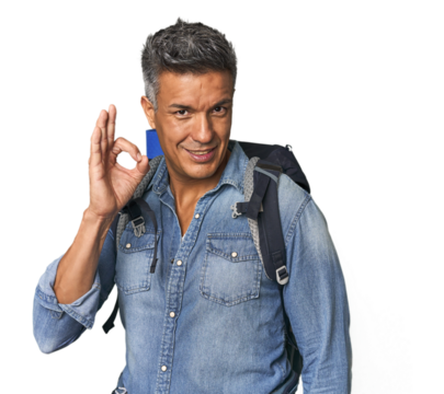 Hispanic hiker with backpack and flask cheerful and confident showing ok gesture.