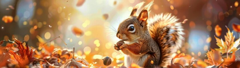 Squirrel Enjoying Acorn in Autumn Foliage - obrazy, fototapety, plakaty